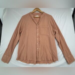 Thread & Supply Cotton Gauze Shirt Small Peach Raw Hem Button Down Boho S